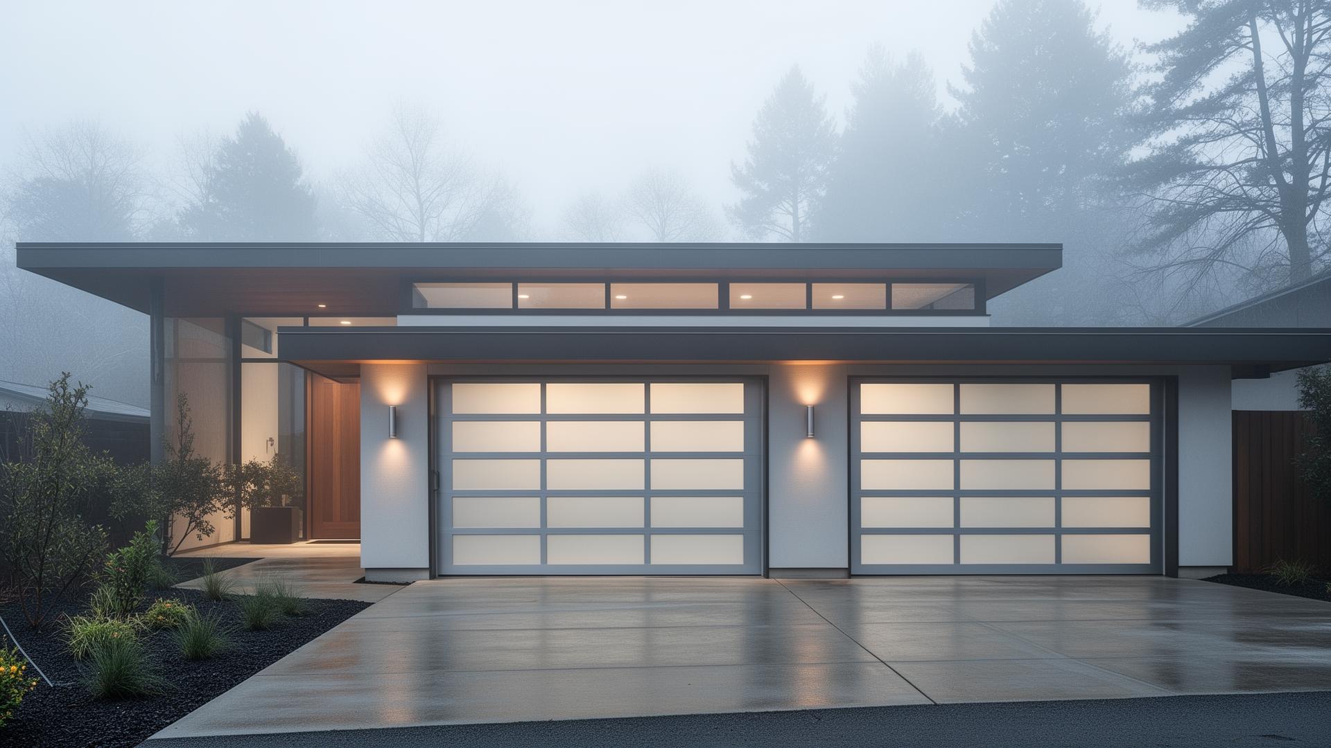 Modern mid-century home with sleek steel garage doors featuring frosted glass panels